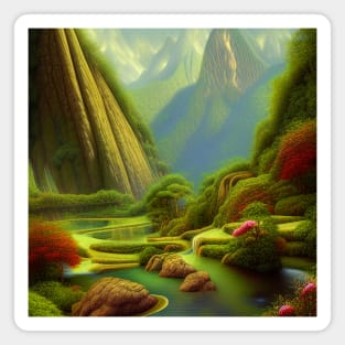 Digital Painting of High Mountains and Colorful plants, NAture Scenery Magnet